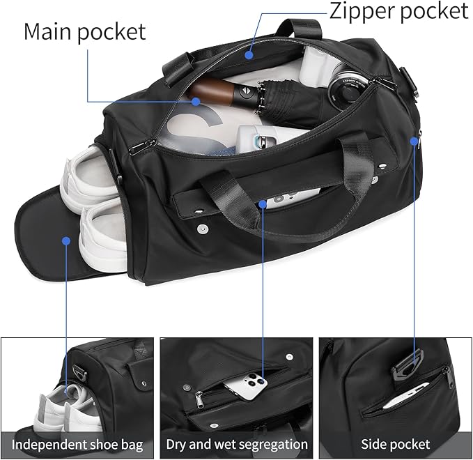 Small Gym Bag, Black Waterproof Duffle Bag for Men Women, Cordura Workout Bag with Trolley Sleeve, Duffle Bag for Travel, Sports, Fitness, Training, Yoga, Hospital