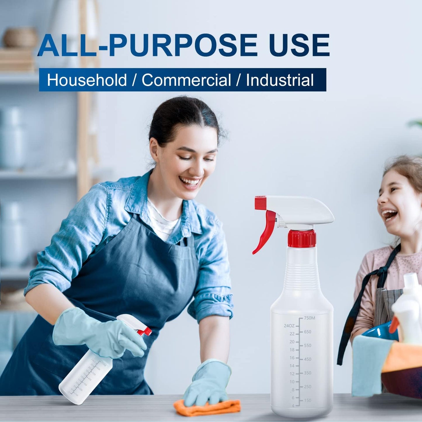 Veco Spray Bottle (5 Pack,32 Oz) with Measurements and Adjustable Nozzle(Mist & Stream Mode), HDPE Plastic Spray Bottles for Cleaning Solution, Household/Commercial/Industrial Use, No Leak and Clog