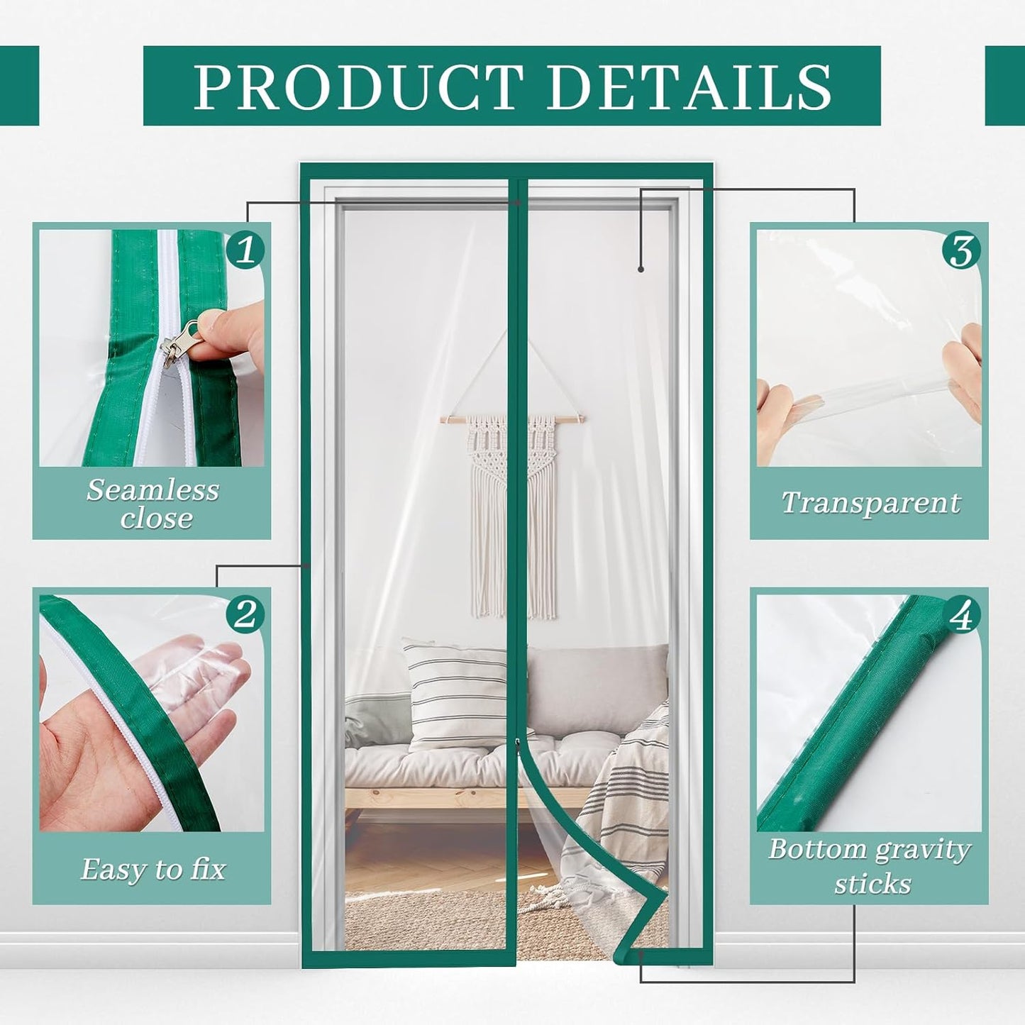 Amylove Zipper 48 x 87 Inch Dust Barrier Kit Green Edged Temporary Construction Door Barrier 4 x 7.25 ft Reusable Plastic Curtain Cover Containment Doorway Wall Screen Sheeting for Bathroom Hallway