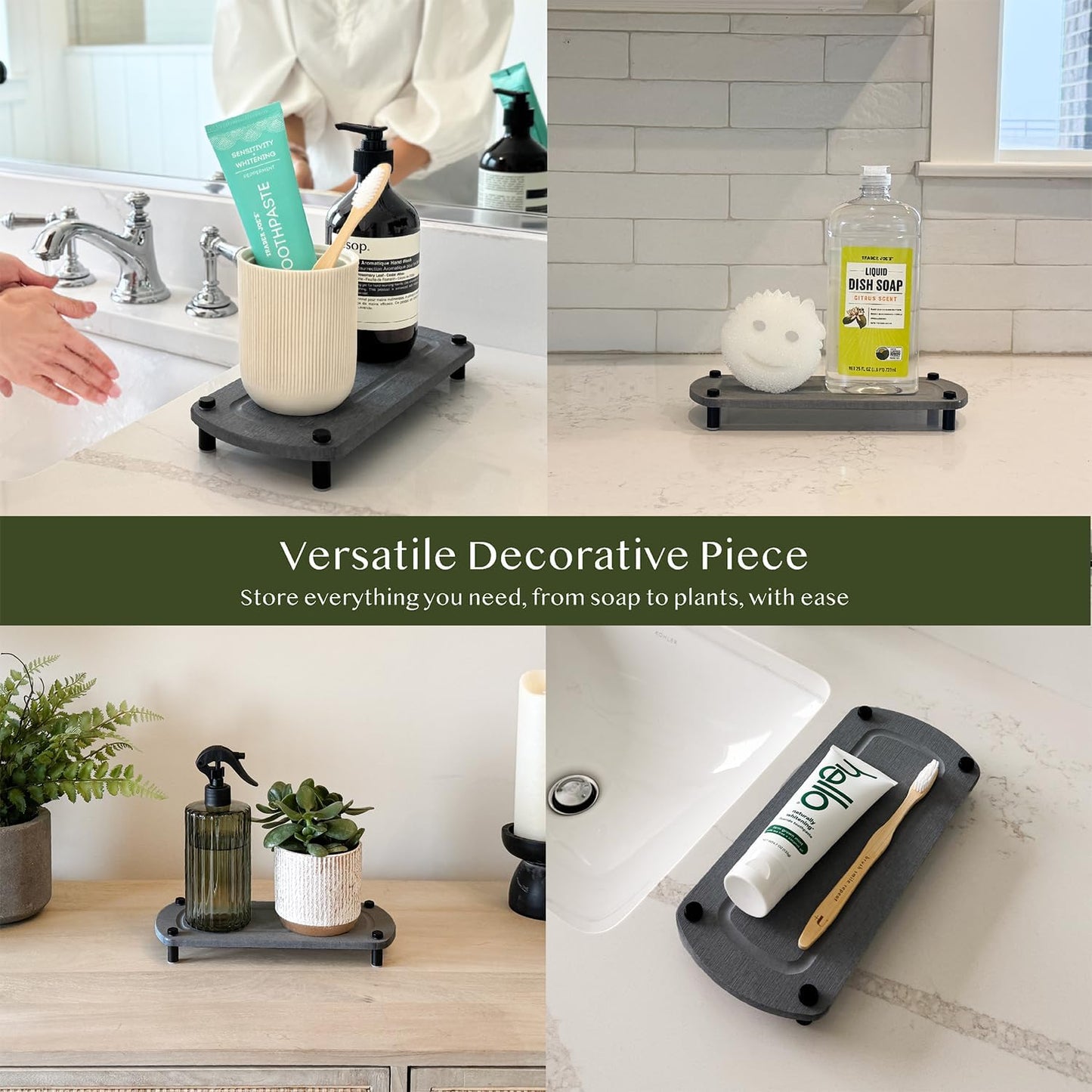 2PCS Instant Dry Sink Caddy Organizer, Fast Drying Sponge and Soap Dispenser Holder for Kitchen and Bathroom Countertop, Stainless Steel Feet, and Non Slip Bottom Dark Gray