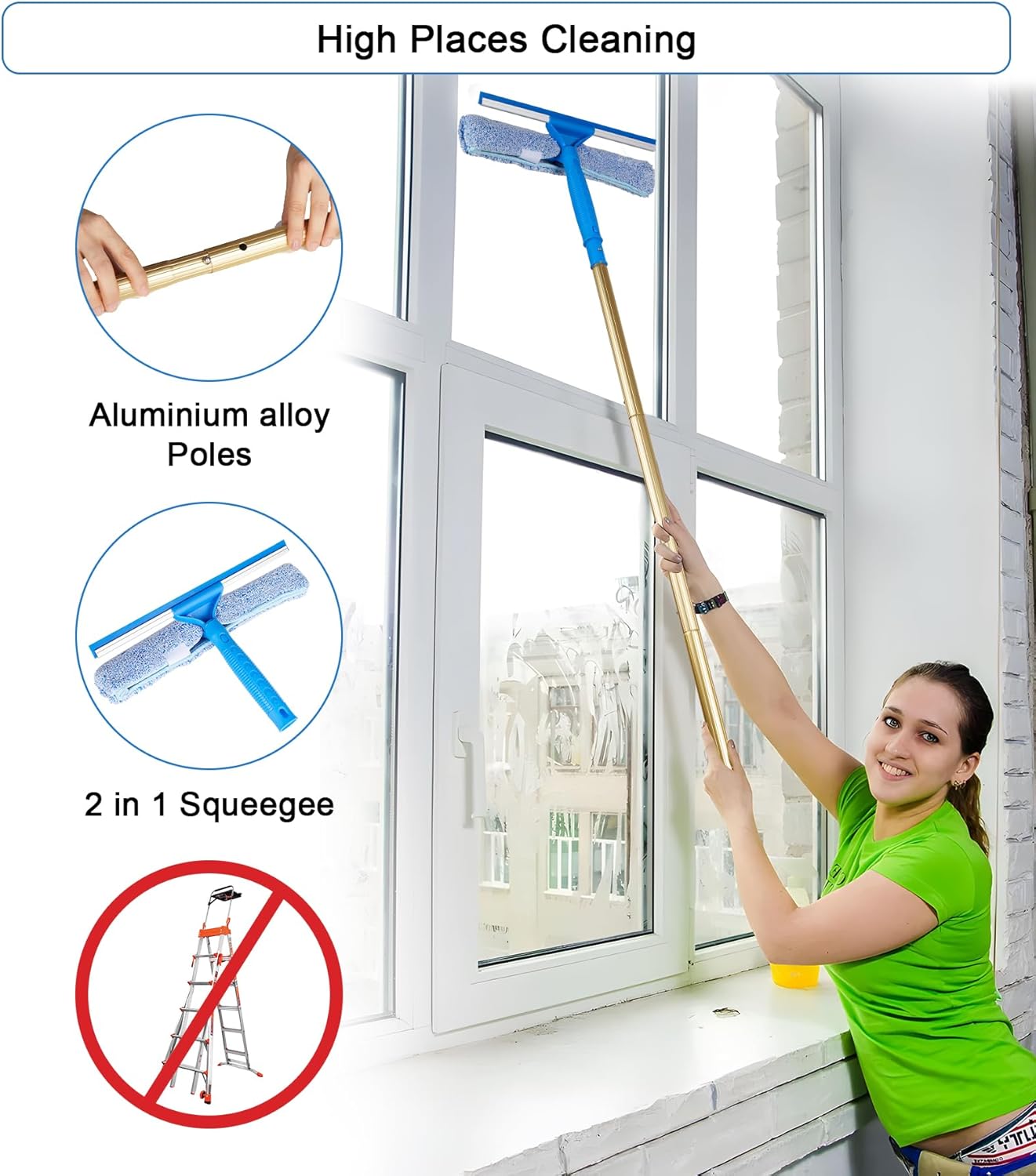 2 in 1 Window Squeegee Cleaning Kit with Aluminum Alloy Extension Poles, Scrubber, Glass Scrapper, Bendable Duster,2 Scrubber Cloth for Window, Car, Floor, Home, Garden