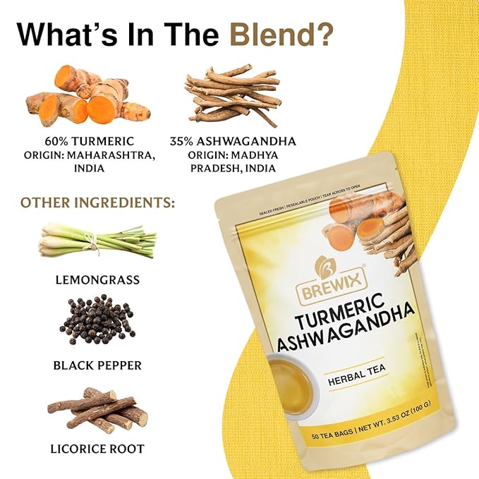 BREWIX, Turmeric Ashwagandha Herbal Tea (50 Pyramid Tea Bags) Adaptogenic Herbs for Stress & Mood Support | Evening Calm & Sleep Support | Real Ingredients From India, Caffeine Free & Naturally Gluten Free