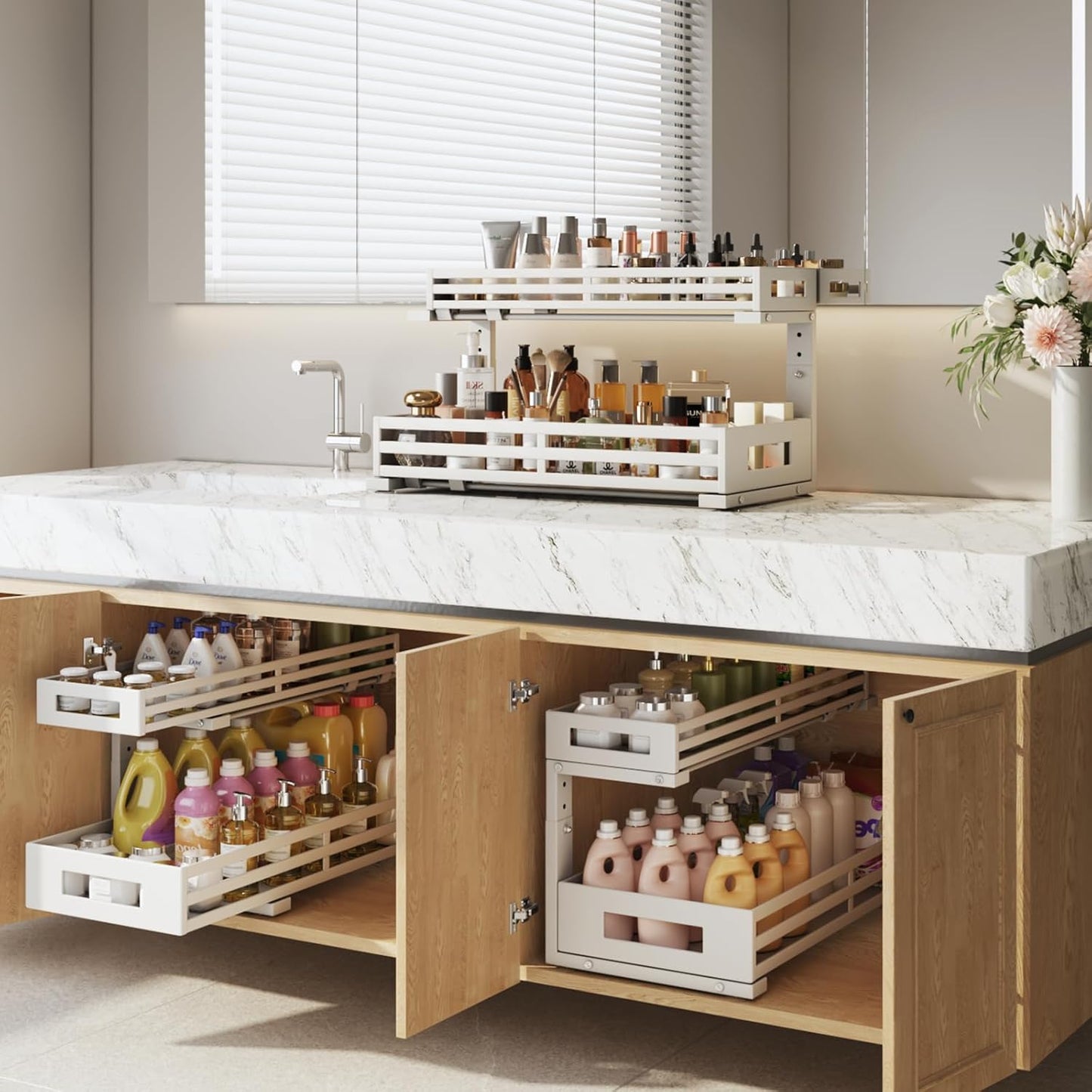 2-Pack 20.47"Deep Under Sink Organizer And Storage,2-Tier L-Shaped Pull Out Cabinet Organizer with Upgraded Slide Rails,Height Adjustable Drawers for Kitchen&Bathroom,Extra-Large Storage Shelves–Gray