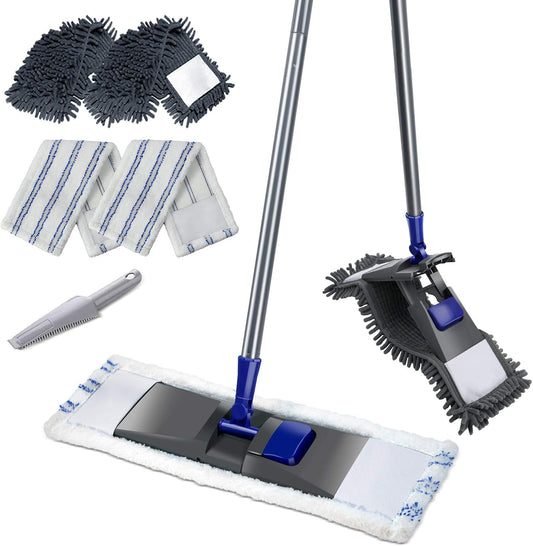 MASTERTOP Microfiber Mop for Floor Cleaning, Flat Dust Mop for Home and Kitchen, Adjustable Stainless Steel Handle with 4 Washable Pads&1 Cleaning Scrape for Hardwood, Vinyl