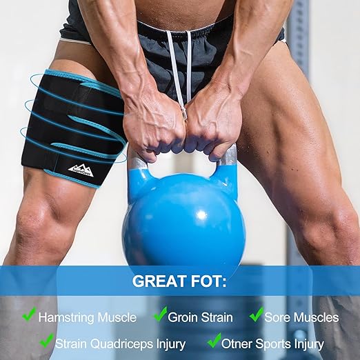 supregear Thigh Wraps Support, Adjustable Compression Neoprene Thigh Sleeve Hamstring Quad Wrap Upper Leg Brace for Women Men Pulled Groin Muscle, Quadriceps, Black + Blue, XL