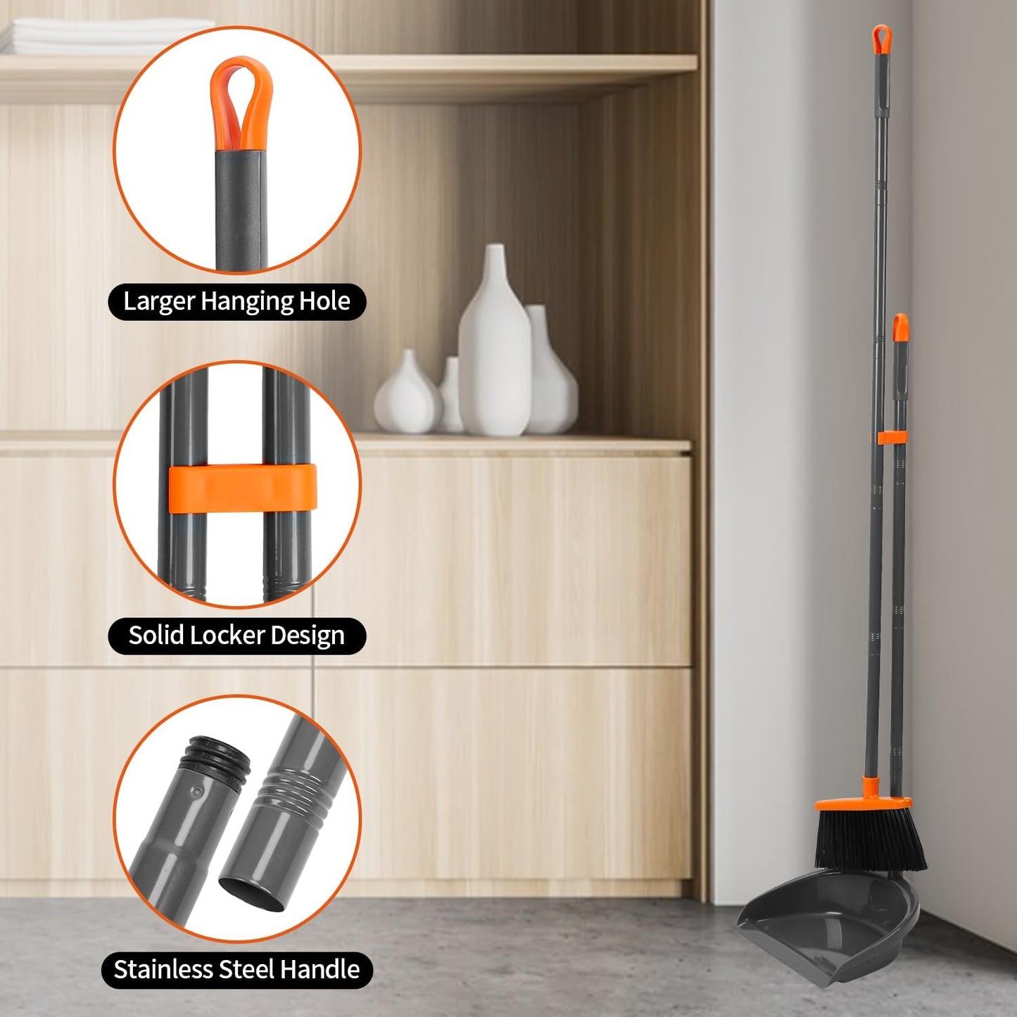 Long Handle Broom with Upright Standing Dustpan Combo for Office Home Kitchen Lobby Floor Cleaning