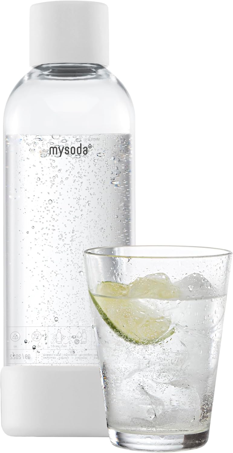Mysoda Carbonating Bottles 2Pck 1L - Compatible with MySoda and any brands - Quick-Lock Reusable Bottles - Lid and Base Made of Wood Composite - BPA Free - White