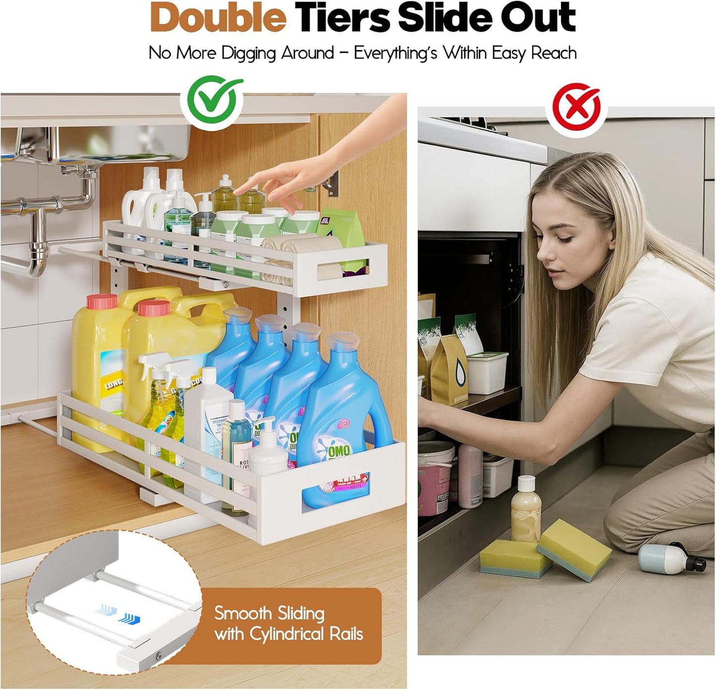 2-Pack 19"Deep Under Sink Organizer And Storage, 2-Tier L-Shaped Pull Out Cabinet Organizer with Upgraded Slide Rails, Height Adjustable Drawers for Kitchen&Bathroom, Extra-Large Storage Shelves–White