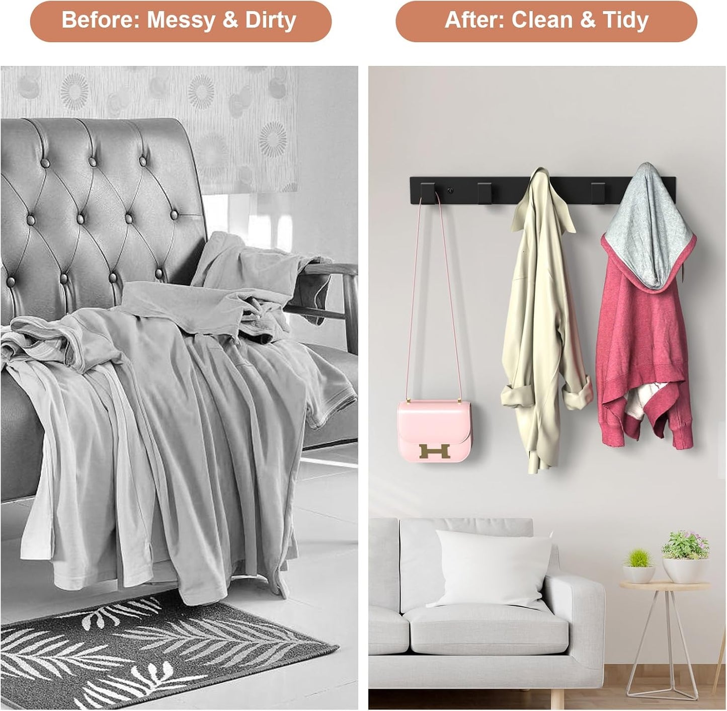 PMMASTO Coat Rack Wall Mount, Coat Hooks Wall Hooks for Hanging, Stainless Steel Coat Hanger Towel Hooks for Bathrooms, Hat Rack (Black 5 Hooks, 1 Pack)