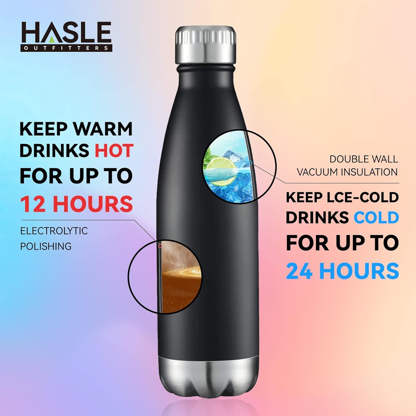 HASLE OUTFITTERS 17oz Stainless Steel Water Bottles Bulk, Vacuum Insulated Double Walled Reusable Metal Sports Water Bottles Keep Drinks Hot and Cold, Black, 8Packs