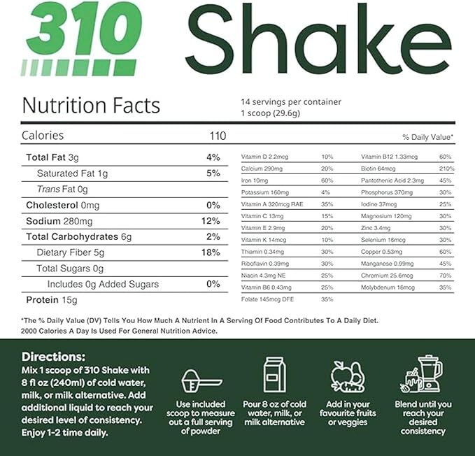 310 Nutrition All-In-One Meal Replacement Shake Powder - Plant-Based Protein Smoothie Blend w/High Fiber, Probiotics & Adaptogens - Low Carb, Vegan, Keto & Paleo Friendly - Chocolate Mint - 28 Srv