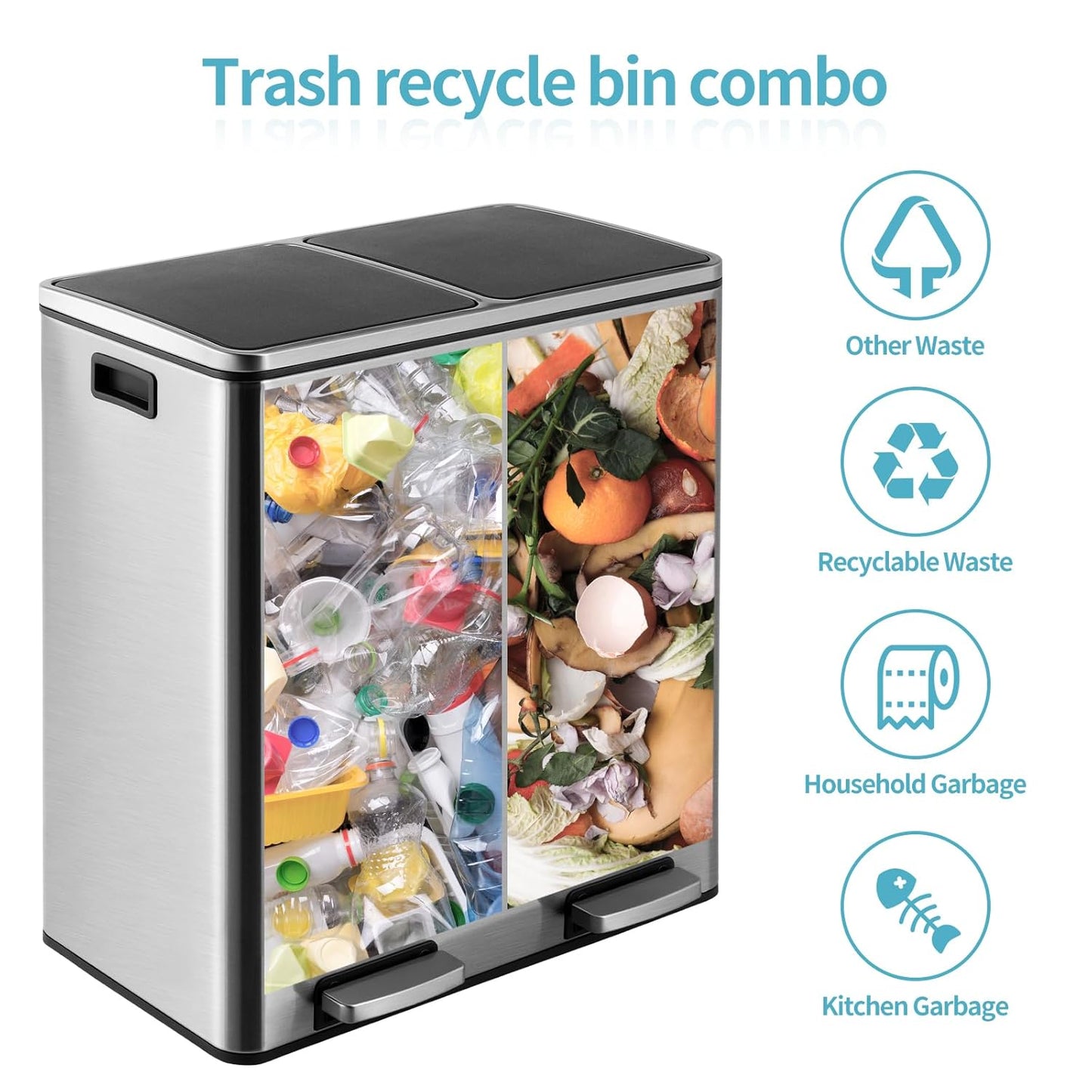 16 Gallon Rectangular Stainless Steel Trash Can, Dual Compartment Garbage Bin with Recycling Combo, Metal Dustbin Lid, Removable Liner, Indoor Hands Free Waste Bucket for Kitchen Home