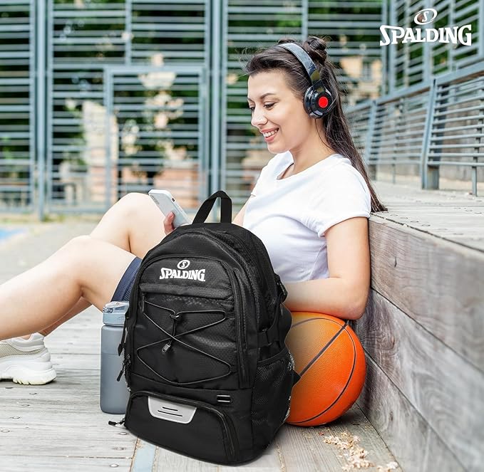 Spalding Basketball Backpack - Black Sports Bag with Ball & Shoe Compartment, Basketball Accessories Bag