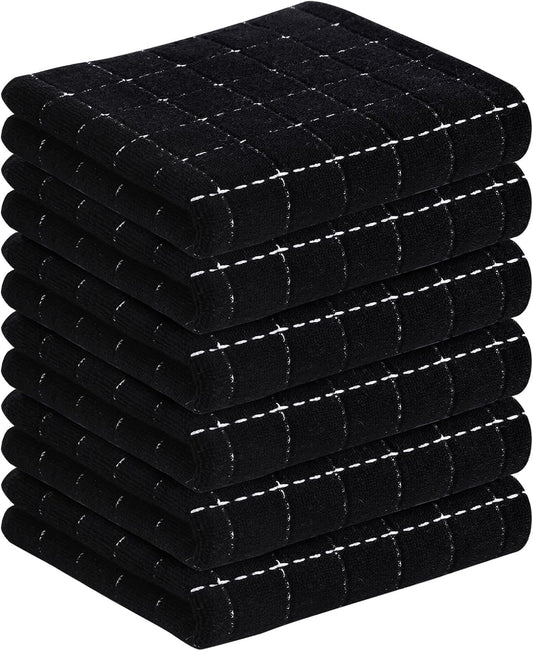 Homaxy 100% Cotton Terry Kitchen Towels(Black, 13 x 28 inches), Checkered Designed, Soft and Super Absorbent Dish Towels, 6 Pack