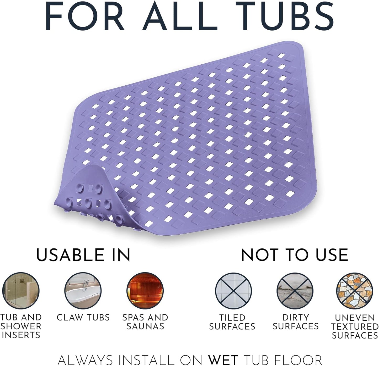 Homerella Anti Slip Shower Mat | Anti Mold Non Slip Bathtub Mat for Inside Shower | Square Floor Shower Mat 21 x 21 inch with Suction Cups for Grip & Hooks Hanging and Quick Drying | Machine Washable