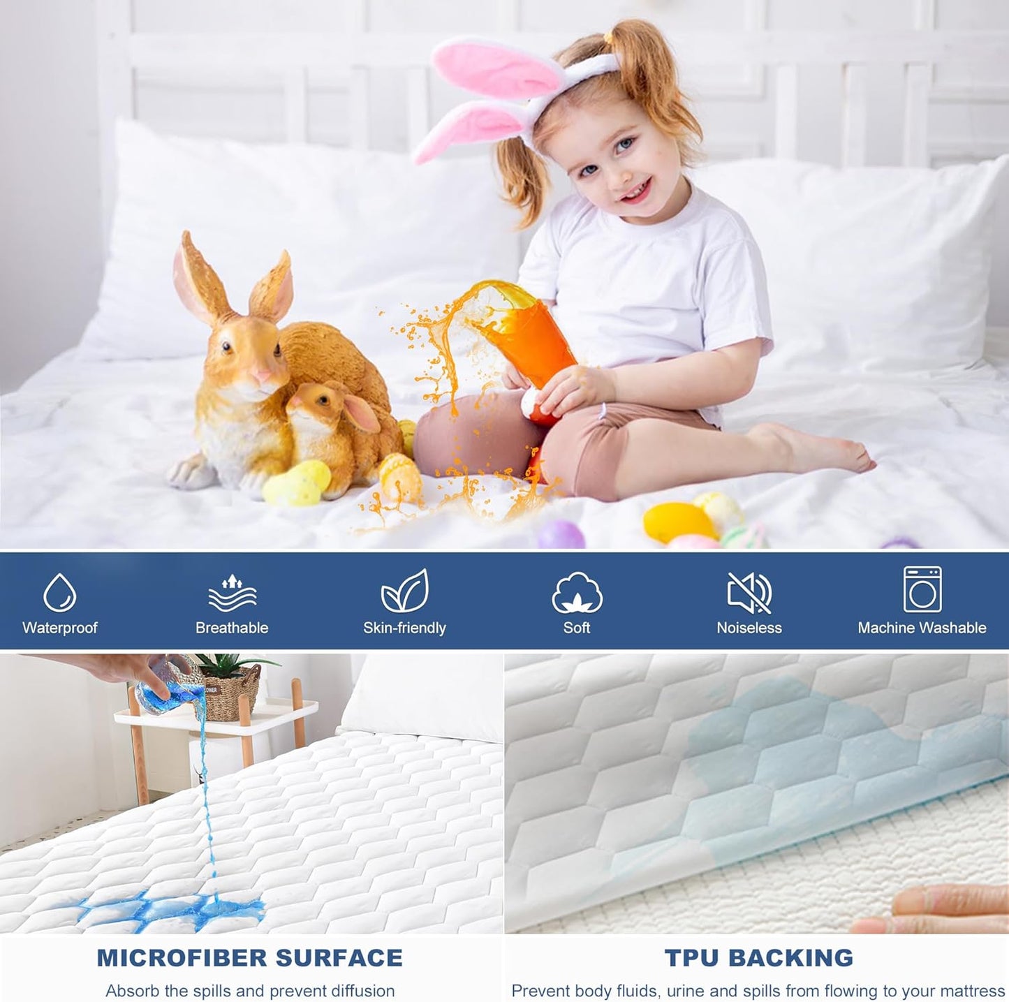 GRT Twin Mattress Protector Waterproof, 100% Waterproof Quilted Fitted Mattress Pad, Noiseless Hollow Cotton Mattress Cover, fits up to 18" Deep, Dust Proof White