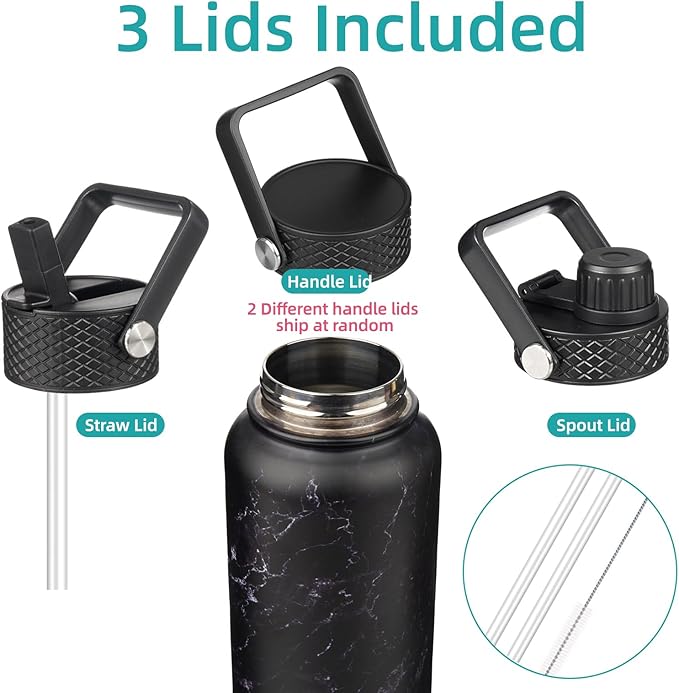 18 oz Insulated Water Bottle Stainless Steel Sport Bottles with 3 Lids,Marble Midnight