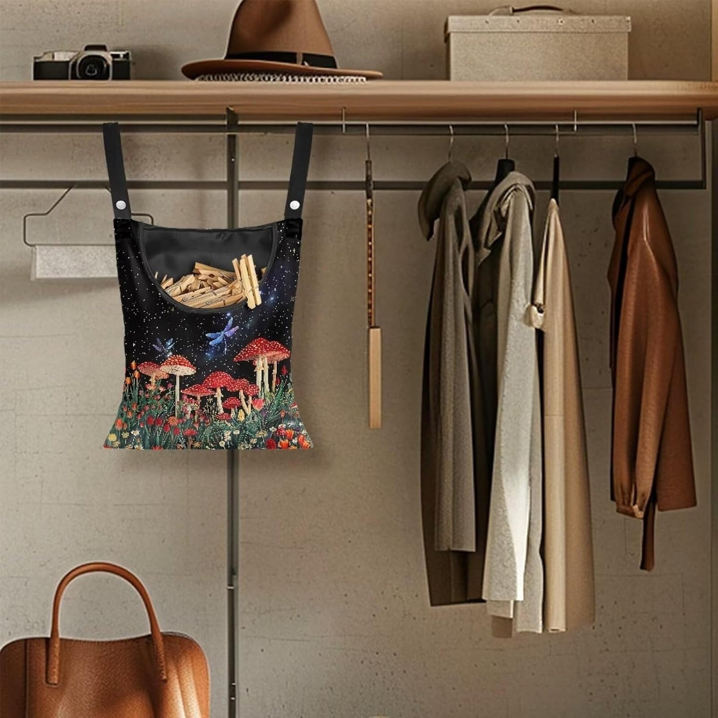 Red Mushroom Laundry Clothespin Bag - Adjustable Door-Hanging Storage Organizer with Rope for Home & Outdoor