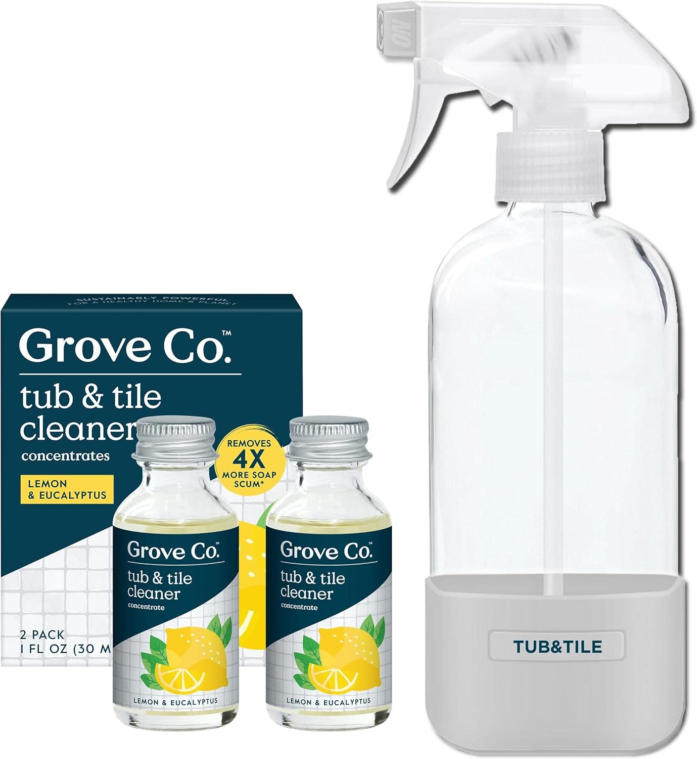 Grove Co. Tub and Tile Cleaner Refill Concentrate (2 x 1 Fl Oz) + 1 x Reusable Glass Spray Bottle (16 Oz) Plant-Based Cleaning Supplies Bundle, No Plastic Waste, Lemon & Eucalyptus Scent