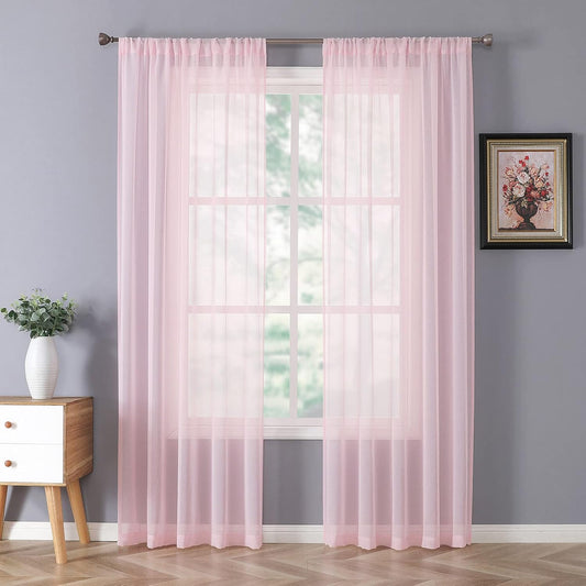 Tollpiz Sheer Curtain Linen Textured Bedroom Curtains Sheer Light Filtering Rod Pocket Voile Curtain for Living Room, 54 x 95 inches Long, Pink, Set of 2 Panels