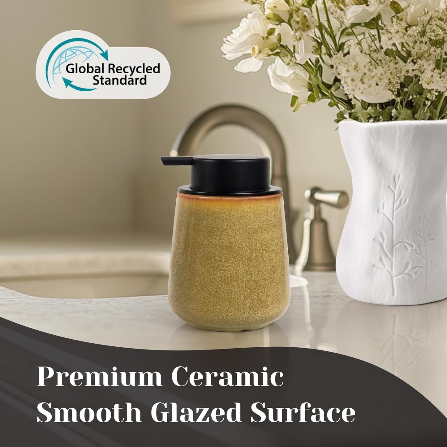 INGOFIN Ceramic Lotion Dispenser - 12 oz Refillable Hand Soap Dispenser Bathroom, Modern Liquid Soap Dispenser with Pump, Dish Dispenser for Kitchen,Kiln-Glazed Earthy Yellow