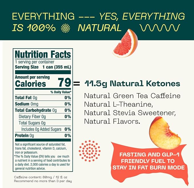 KEY Ketone Energy Drink : Sugar Free, 80mg Low Caffeine, All Natural, 11.5g Ketones, Long Lasting Energy, Green Tea & L-Theanine for Mental Focus, Grapefruit Peach (Pack of 12)