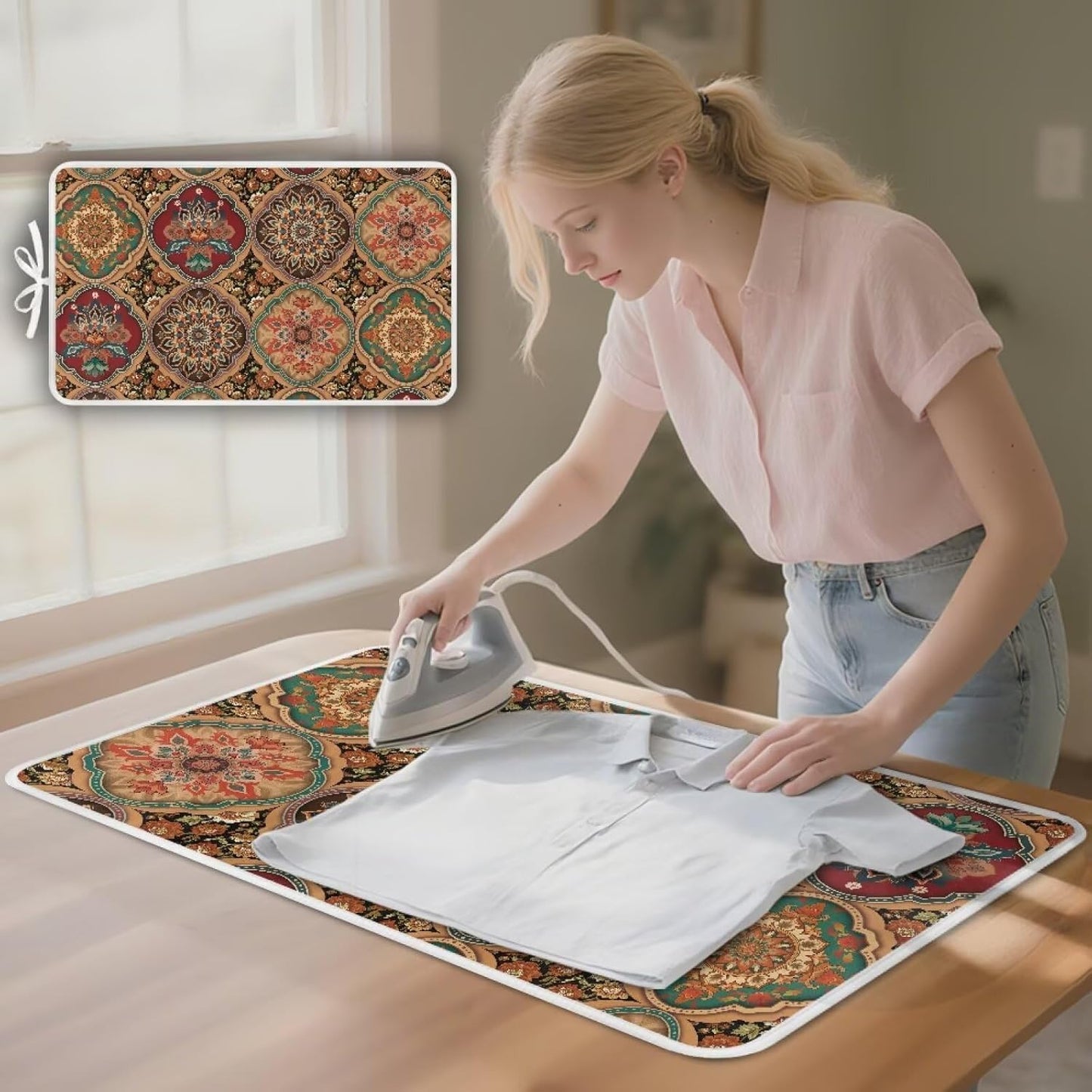 Folding Ironing Mat Heat and Steam Resistant Mandala Ironing Pad 32 x 16 Inch Foldable Iron Mat for Table Top Washer,Dryer,Large Iron Board Mats Irons Pad