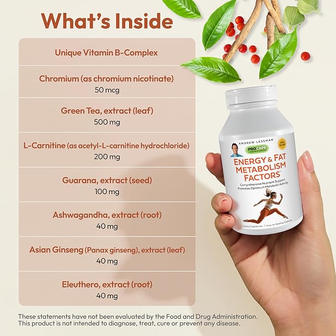 ANDREW LESSMAN Energy and Fat Metabolism Factors - 180 Capsules - Promotes Optimum Fat and Energy Metabolism, with Carnitine, Green Tea, Guarana, Ginseng, B-Complex. Easy to Swallow Capsules