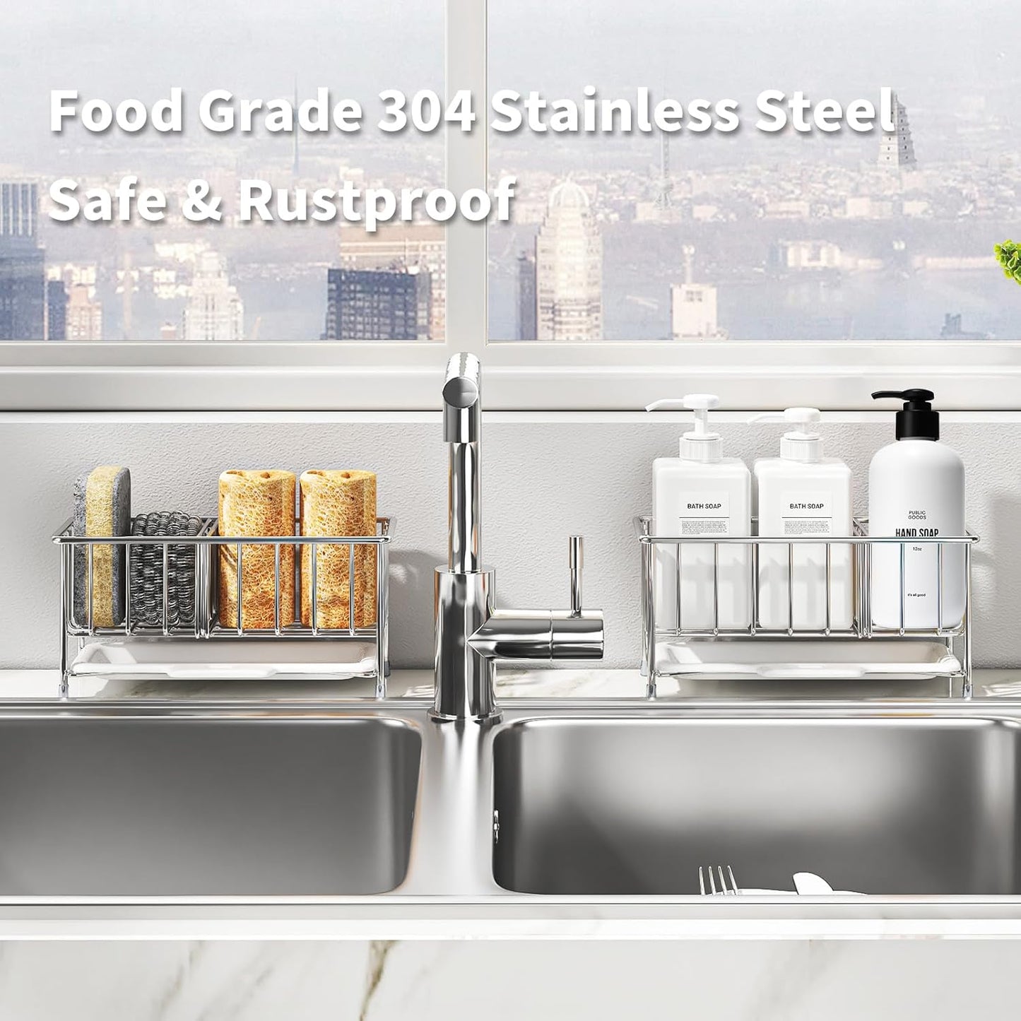 Kitchen Sink Sponge Holder, 304 Stainless Steel Soap Dispenser Caddy Organize, Kitchen Sink Brush Caddy Holder with Removable Drain Tray