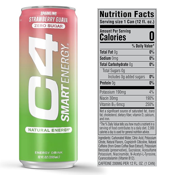 Cellucor C4 Smart Energy Drink - Sugar Free Performance Fuel & Nootropic Brain Booster, Coffee Substitute or Alternative | Strawberry Guava 12 Oz - 12 Pack