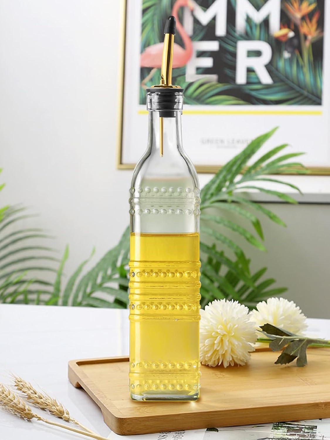 2 Pcs Olive Oil Dispenser Bottle for Kitchen,17oz Clear Glass Cooking Oil and Vinegar Dispenser Set, Coffee Syrup Dispenser with 2 Pourers and 1 Funnel (Two squares)