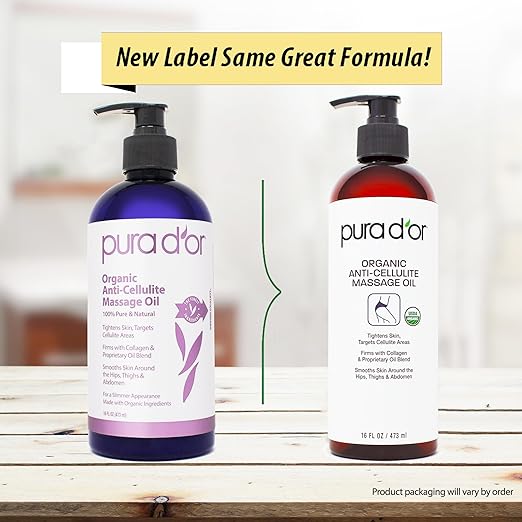 PURA D'OR 16 Oz Organic Anti-Cellulite Massage Oil - Lemon Peel, Moringa, Grape Seed, Grapefruit & Eucalyptus Oils - Skin Firming & Tightening for Active Individuals & Aging Adults