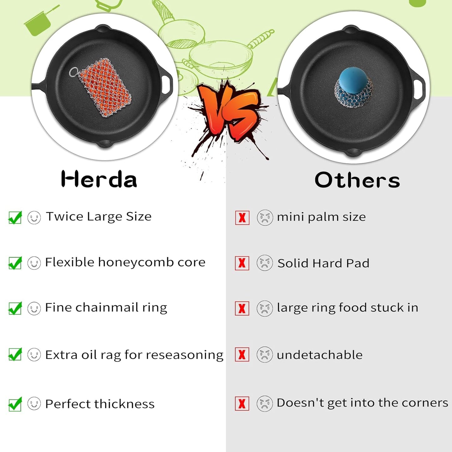 Most Flexible Cast Iron Scrubber, 316L Cast Iron Cleaner Chainmail Scrubber, Chain Scrubber for Cast Iron Pans, Pots, Skillets, Chain Mail Scrubbing Pad Scrub for Cast-Iron, Cast Iron Cleaning