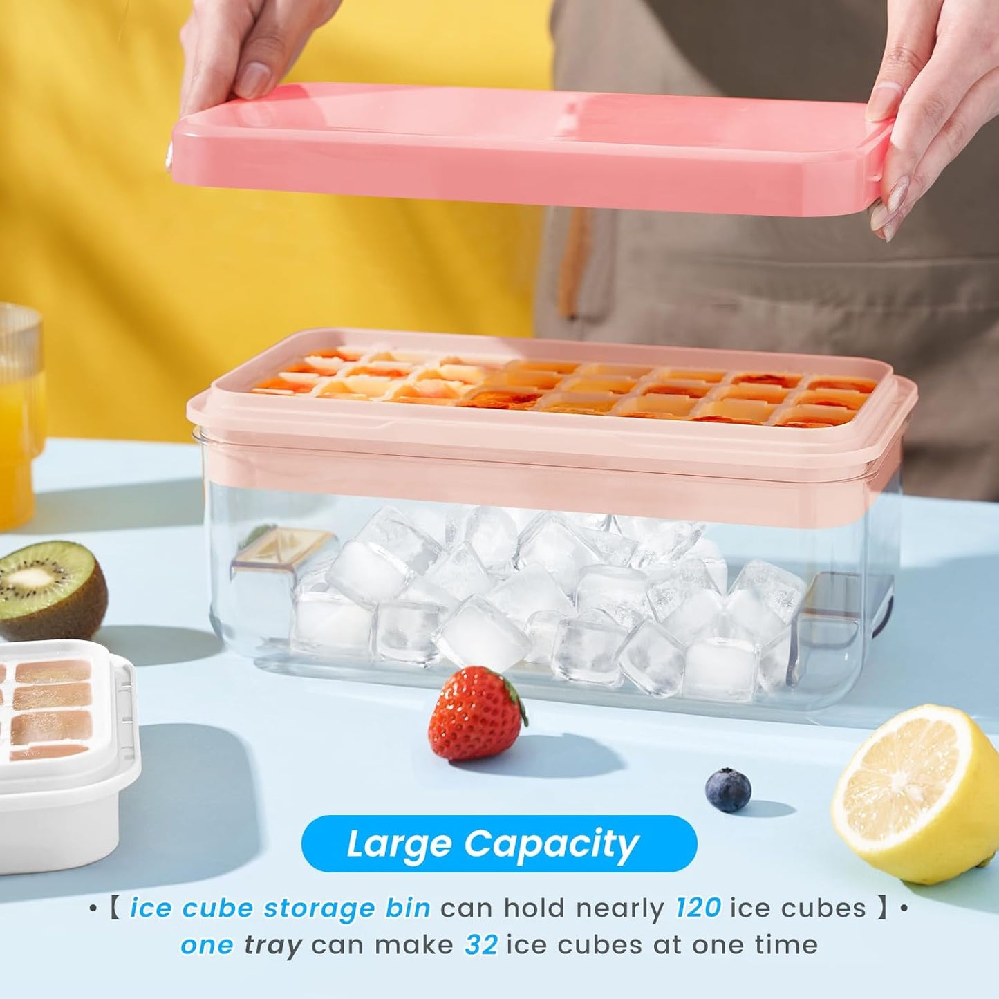 Ice Cube Tray with Lid and Bin, 32 pcs Ice Cubes Molds, Ice Trays for Freezer, Ice Cube Tray Mold, with 1 tray, Ice Freezer Container, Spill-Resistant Removable Lid & Ice Scoop, for Whiskey,Cocktail