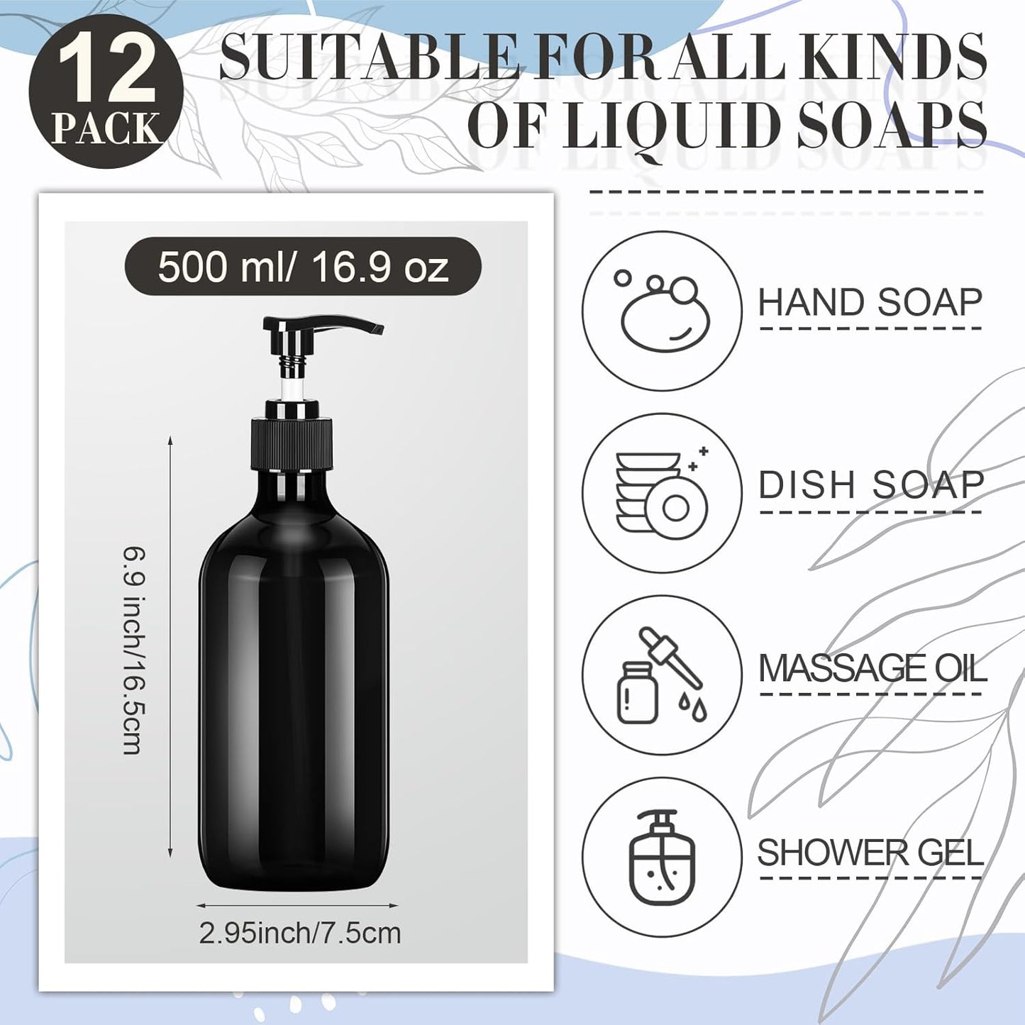 Tessco for you 12 Pack Black Soap Dispenser Empty Plastic Pump Bottles Dispenser Refillable Shampoo Container for Hand Sanitizer Soap Lotion Body Wash Conditioner Bathroom Kitchen Travel(16.9 oz)