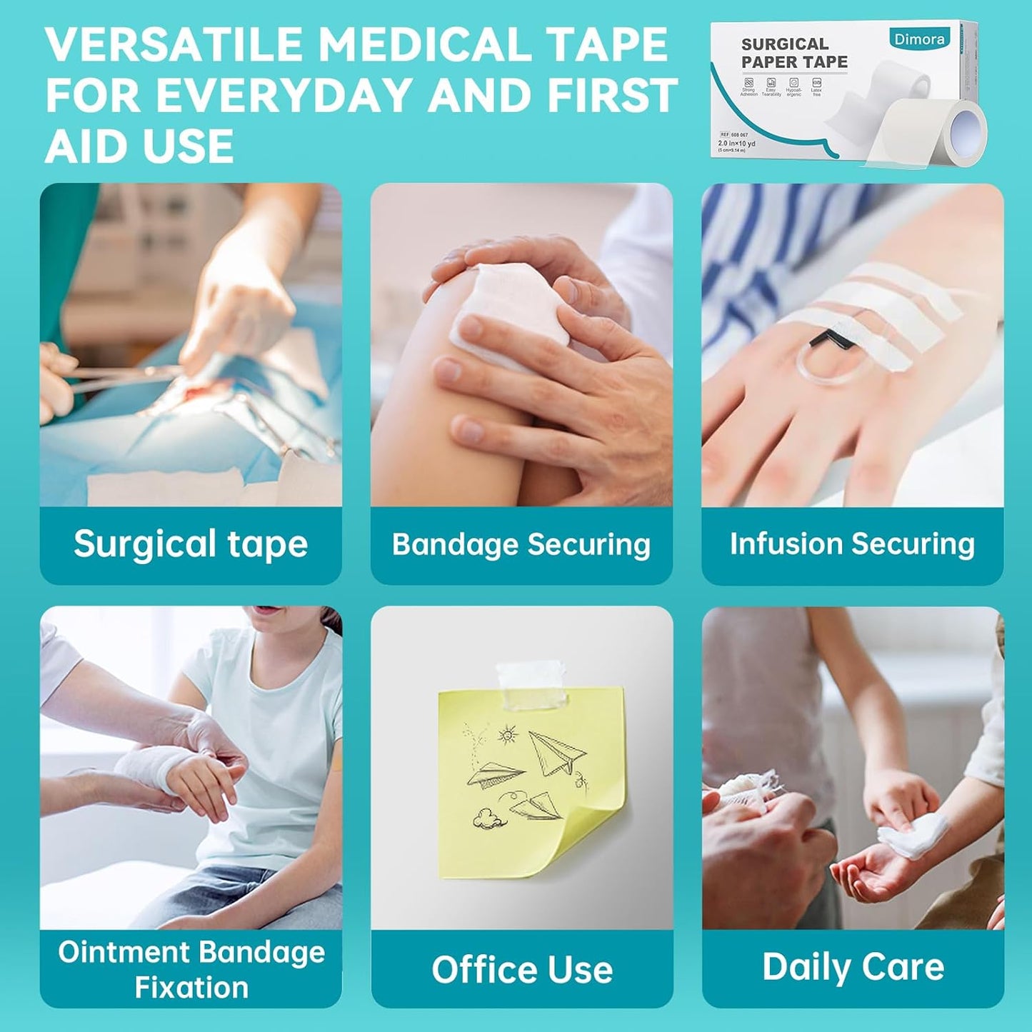 Dimora Soft Paper Surgical Tape 8 Rolls- Hypoallergenic Medical Tape for Sensitive Skin，Breathable First Aid Wound Tape with Pain-Free Removal, Secures Dressing and Medical Devices -2" x 10 Yards