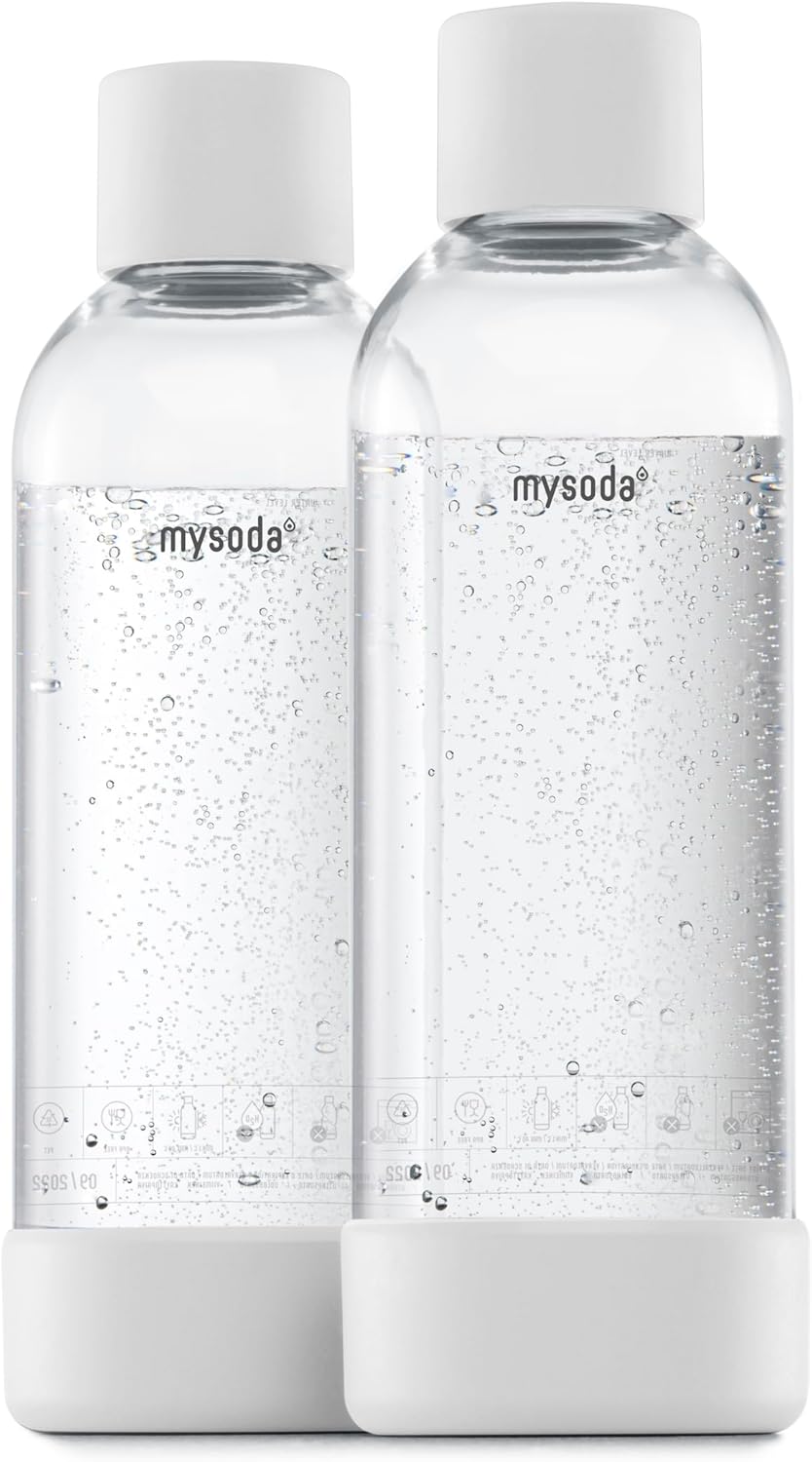Mysoda Carbonating Bottles 2Pck 1L - Compatible with MySoda and any brands - Quick-Lock Reusable Bottles - Lid and Base Made of Wood Composite - BPA Free - White