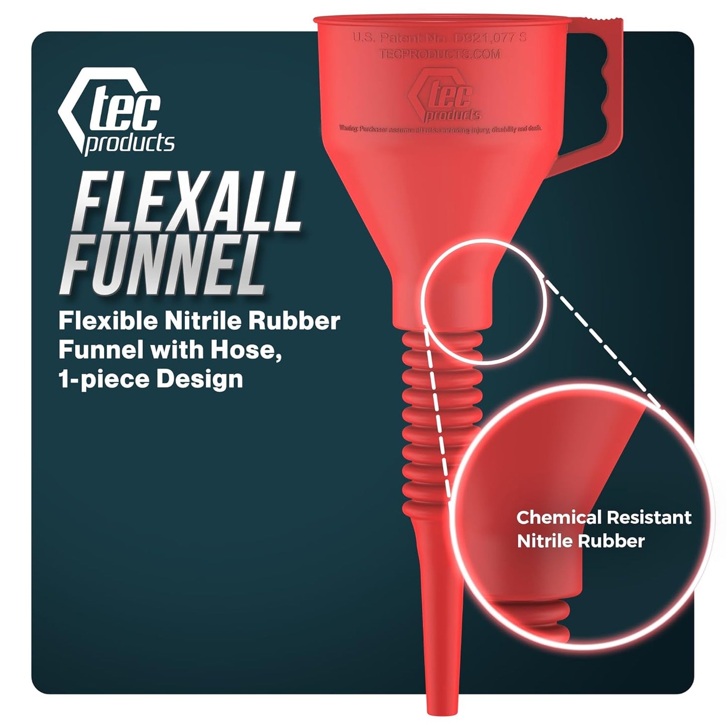 TEC Products FlexAll Long Flexible Funnel for Automotive Use - Durable Nitrile Rubber - Ideal for Car Oil Change, Transmission Funnel Fluid, Diesel, Fuel, Gas - Made in USA - Red (12 x 4 Inches)