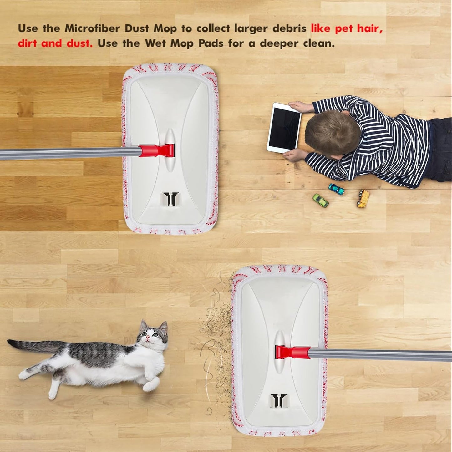 Masthome Extra Large Microfiber Mop for Floor Cleaning, 16“ Flat Mop with 5 Pad for Wet & Dry Use, Dust Mop for Hardwood Laminate Tile Ceramic, 1 Cleaning Scraper Included-Red