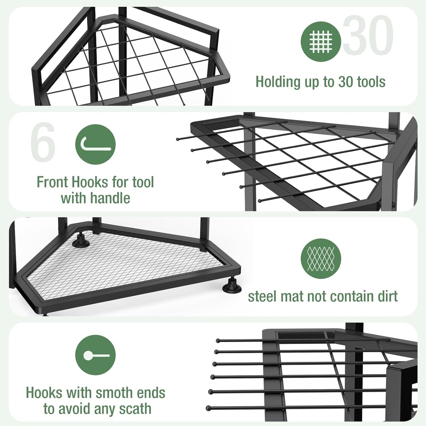 Garden Tool Organizer for Corner,Metal Yard Tool Organizer for Long-Handled Tools/Rakes/Brooms,Side Garden Pocket,Heavy Duty Steel Yard Tool Storage Rack for Garage,Shed, Outdoor