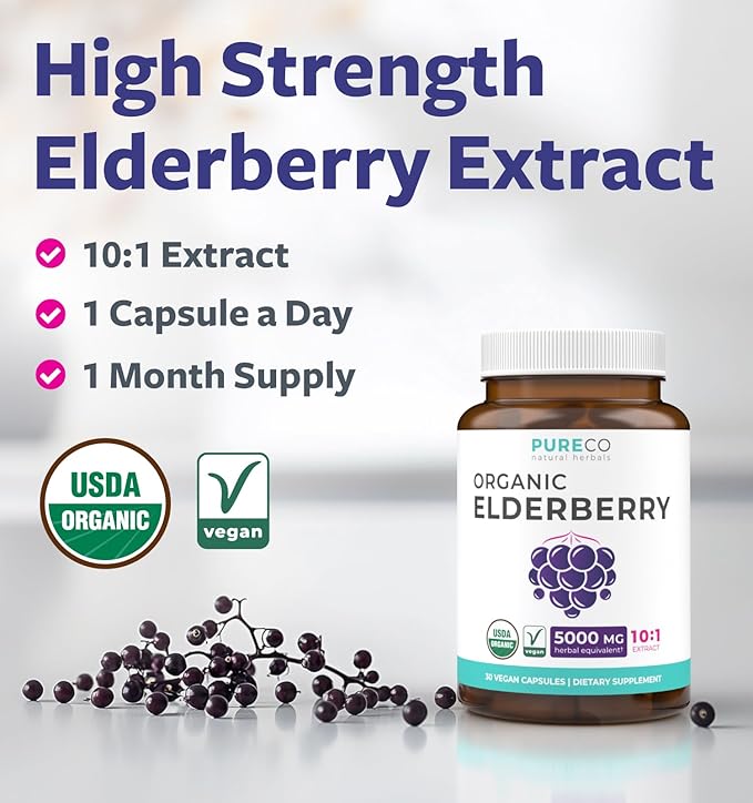 Organic Elderberry Capsules - 10:1 Extract Equals 5,000mg of Fresh Elderberries (Vegan) for Immune Support, Allergy, Sinus Relief - Sambucus Nigra - Black Elderberry - 30 Caps (No Pills or Gummies)