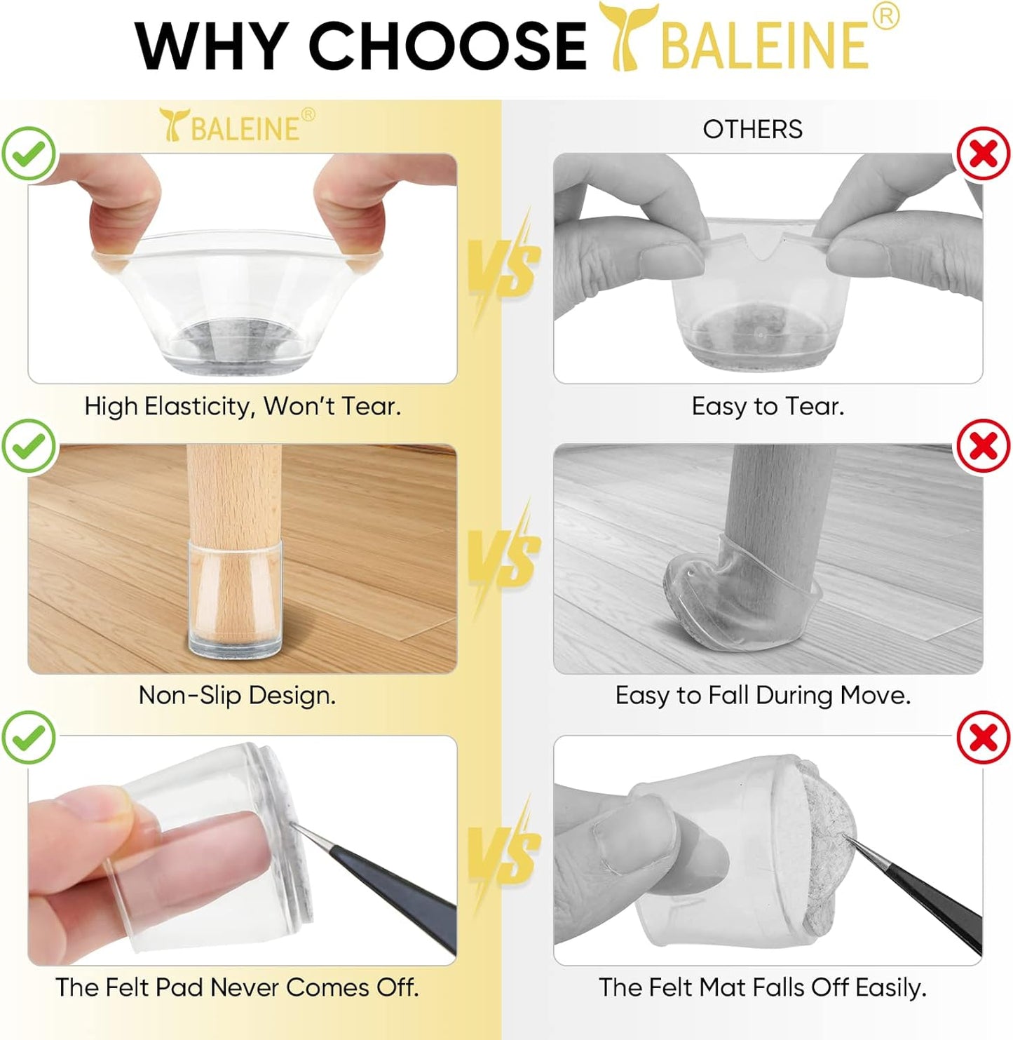 BALEINE 24 Pack Silicone Chair Leg Floor Protectors, Stool Leg Protectors Cap, Non-Slip Chair Leg Caps for Hardwood Floors (Clear & Small, 24 Pack)