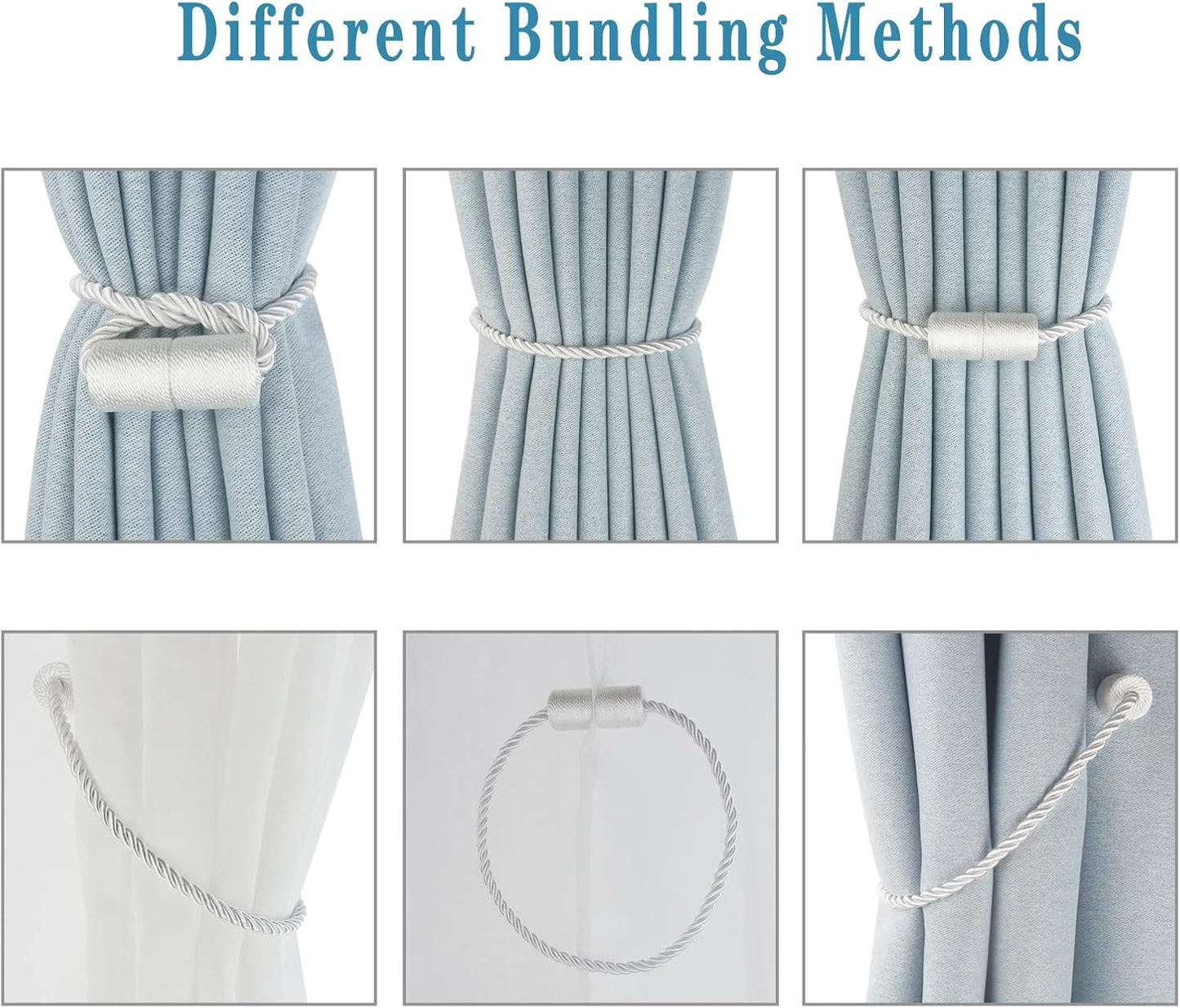 Magnetic Curtain Tiebacks 6 Pack White Curtain Rope Tieback Curtain Holders for Drapes Modern Tie Backs Decorative Curtain Holdbacks