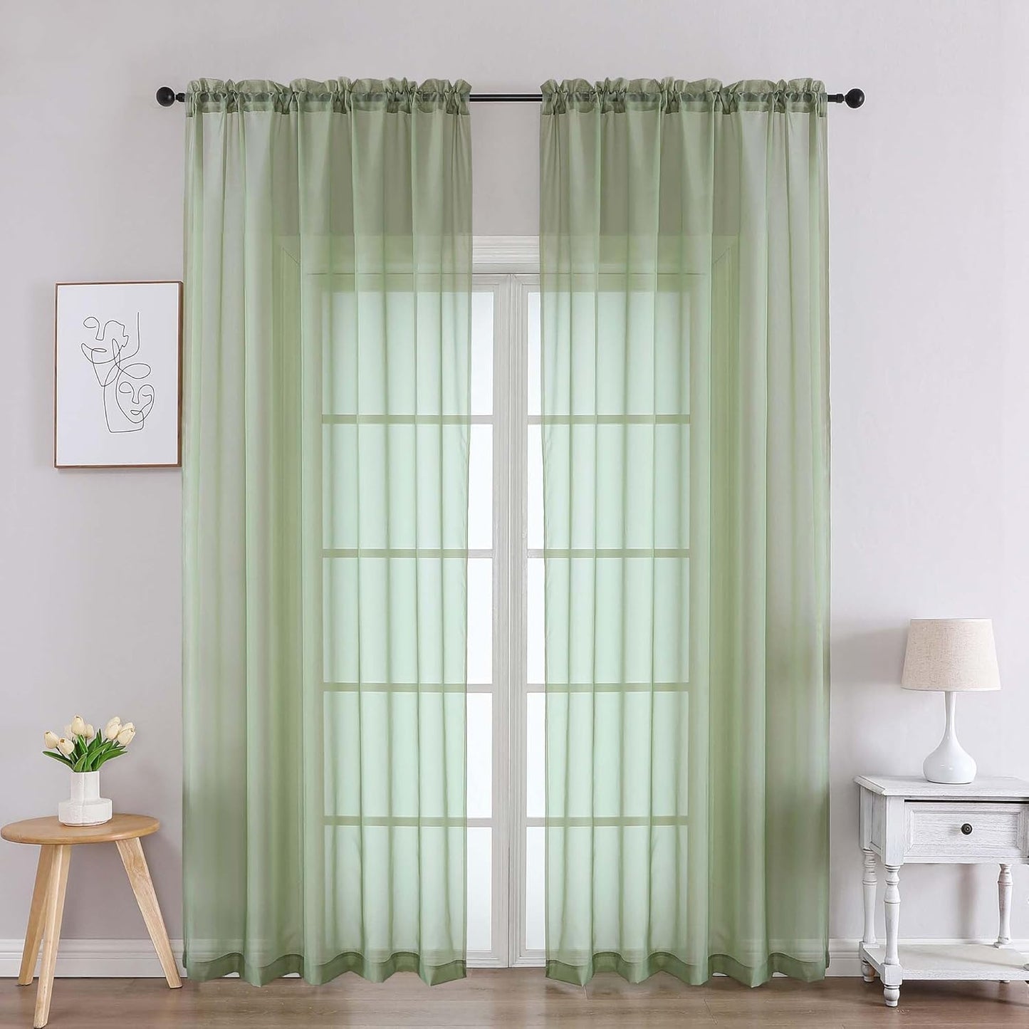 Chyhomenyc Sage Green Sheer Curtains 84 Inches Long 2 Panels, Light Filtering Green Curtains for Living Room, Soft Gentle Voile Rod Pocket Bedroom Window Drapes, 59Wx84L Inch, 2PCS