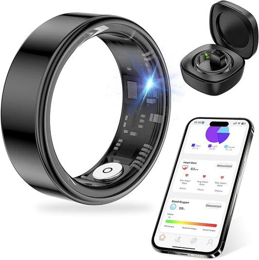Thin Smart Ring for Fitness & Health Tracking -Heart Rate/Blood Oxygen Monitor, 5ATM Waterproof, Sleep Analysis, Pedometer -No APP Subscription Compatible with Smartphone (Black, 12)