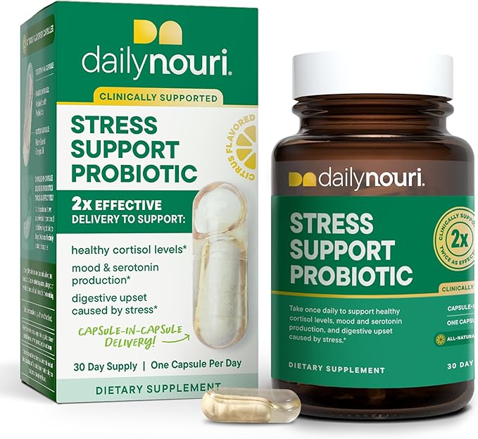 Nouri Daily Stress Support Probiotic for Women & Men | Supports Cortisol Management, Stress Relief, Mood, Digestion & Gut Health | 3 Clinically Studied Strains + Vegan Omega Oil | 30-Day Supply