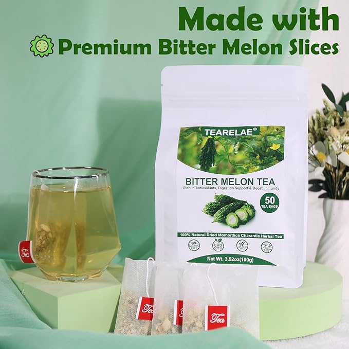TEARELAE - Bitter Melon Tea Bags - 2g x 50 Count - 100% Pure Natural Cut & Sifted Dried Momordica Charantia Slices Herbal Tea - Non-GMO - Caffeine-free - Pleasantly Bitter Flavor