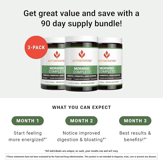 ACTIVATEDYOU Morning Complete Daily Wellness Greens Superfood Drink Mix for Gut Health w/Prebiotics, Probiotics, Antioxidants, Green Superfoods, 10 Billion CFUs (3 Pack, Apple Cinnamon)