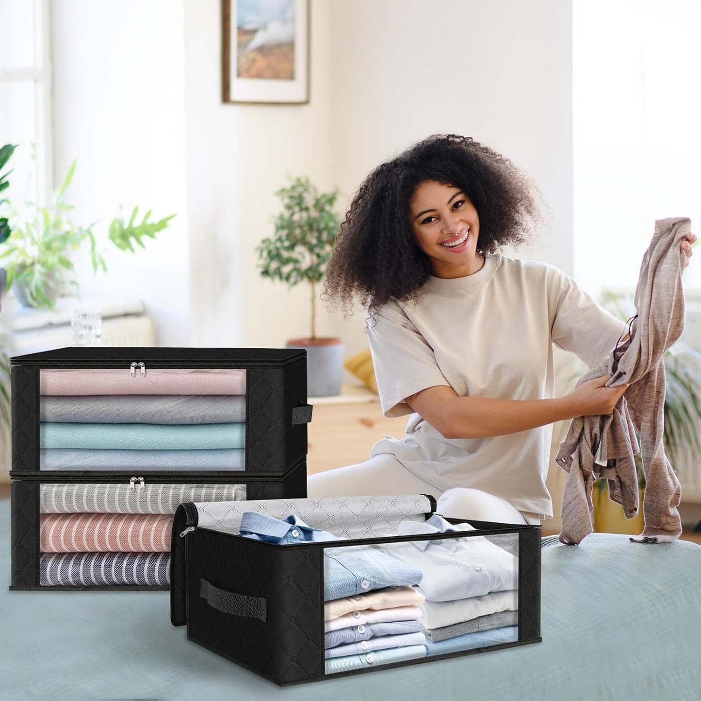 HomeHacks 6-Pack Clothes Organizer Storage Bags Foldable Storage Box with Large Clear Window Sturdy Handles for Closet, Dorm, Pillows, Bedding, Clothes, Stuffed Toys, Blankets, 35L, Black