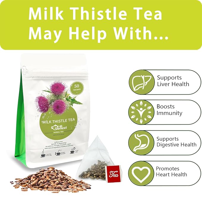 Samcci - Milk Thistle Tea Bags, 50 Teabags, 3g/bag - 100% Natural Milk Thistle Seeds Support Liver Herbal Tea, Caffeine Free - No Additives - No Sugar - Non-GMO - No Gluten